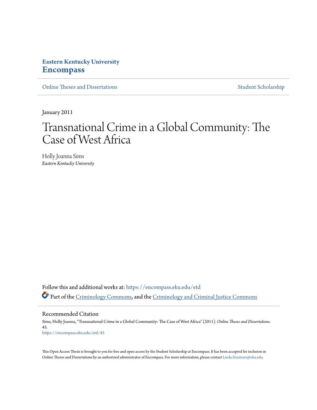 Transnational Crime in a Global Community: the Case of West Africa Holly Joanna Sims Eastern Kentucky University