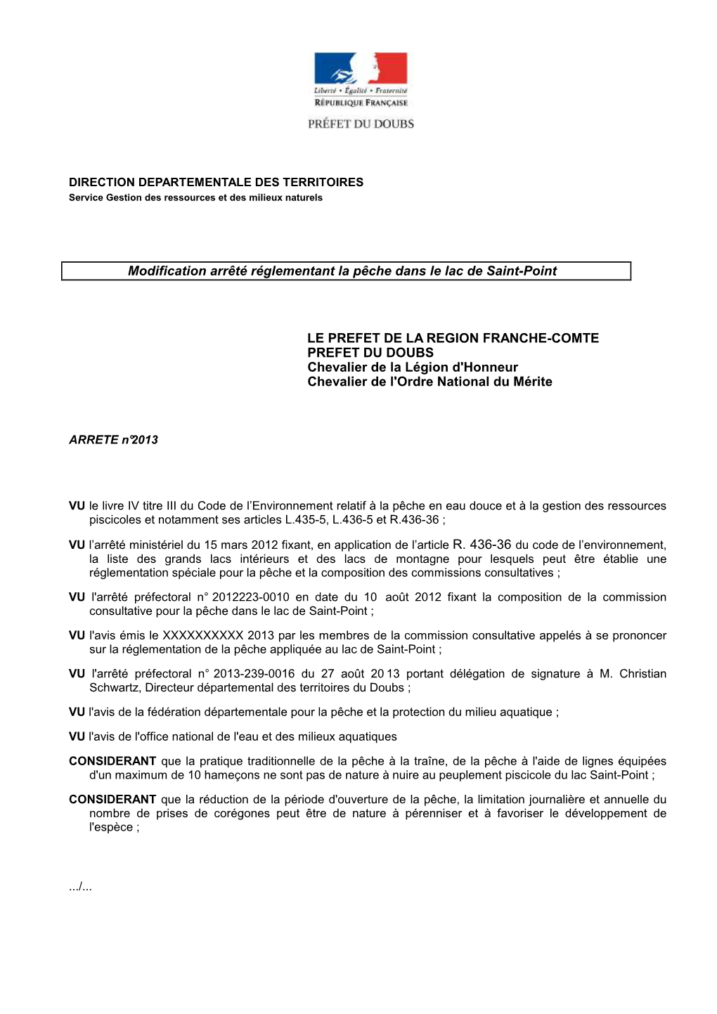 Modification Arrêté Réglementant La Pêche Dans Le Lac De Saint-Point