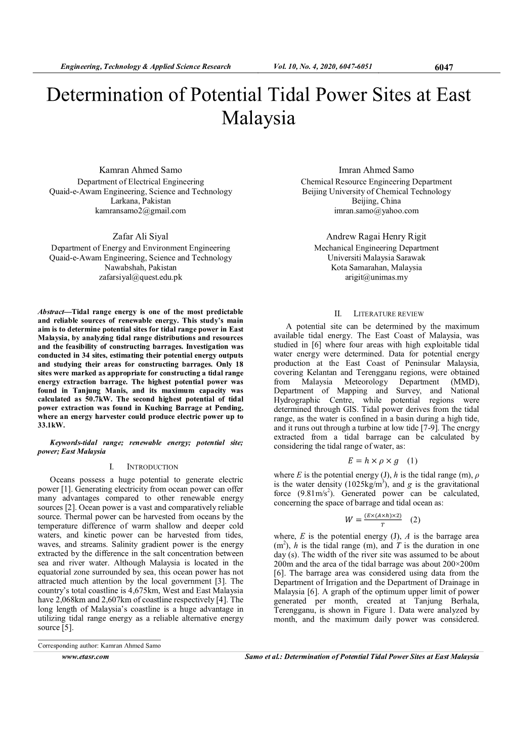 Determination of Potential Tidal Power Sites at East Malaysia