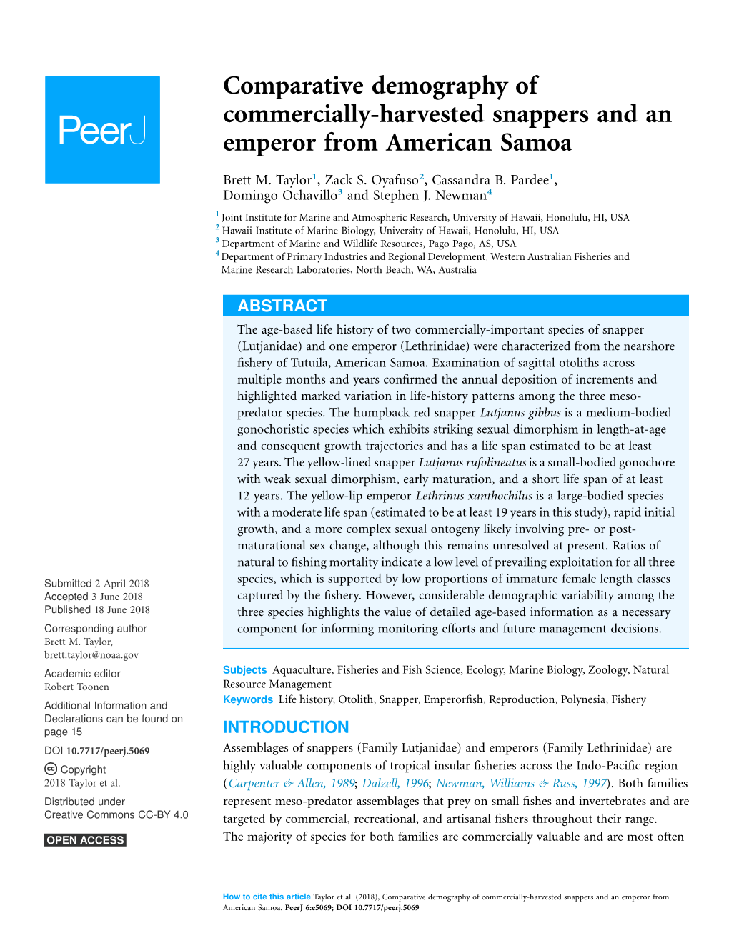 Comparative Demography of Commercially-Harvested Snappers and an Emperor from American Samoa