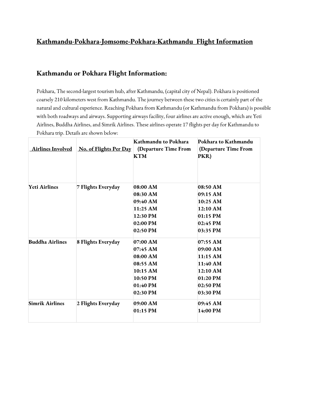 Kathmandu-Pokhara-Jomsome-Pokhara-Kathmandu Flight Information