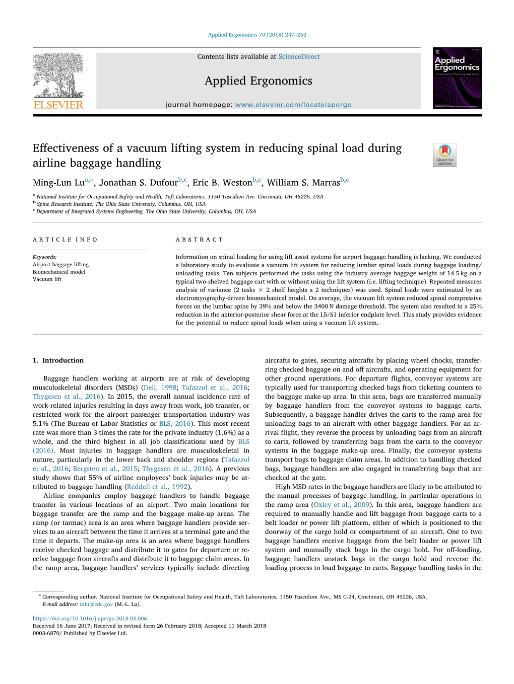 Effectiveness of a Vacuum Lifting System in Reducing Spinal Load