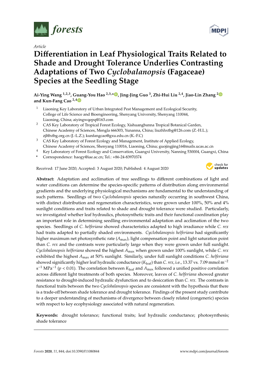 Differentiation in Leaf Physiological Traits Related to Shade And