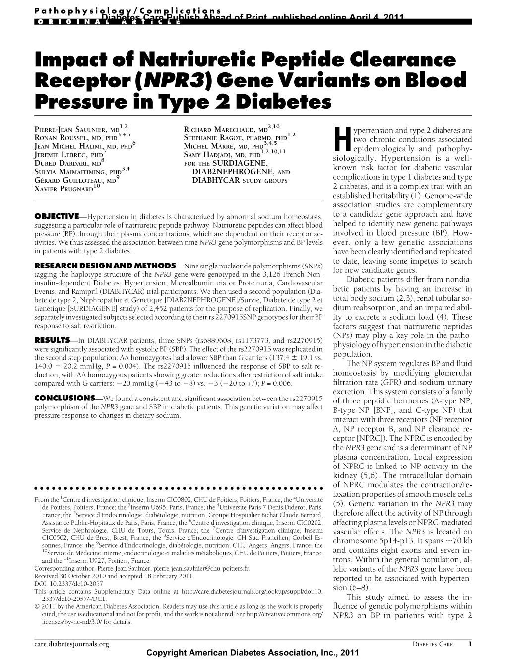 Impact of Natriuretic Peptide Clearance Receptor (NPR3) Gene Variants on Blood Pressure in Type 2 Diabetes