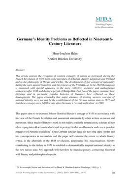 Germany's Identity Problems As Reflected in Nineteenth- Century Literature