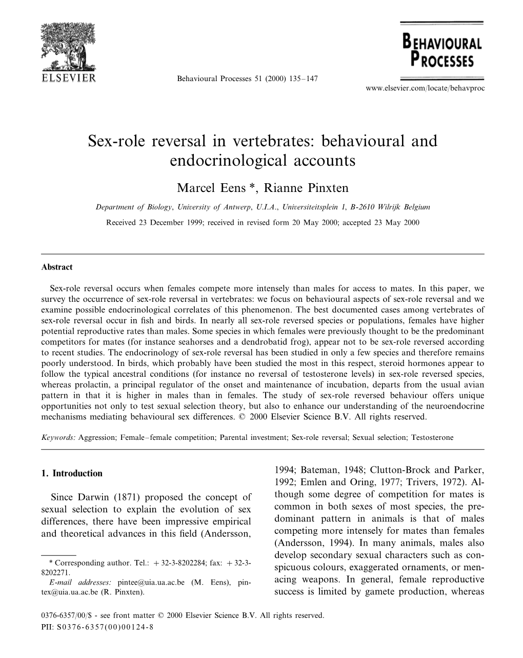 Sex-Role Reversal in Vertebrates: Behavioural and Endocrinological Accounts