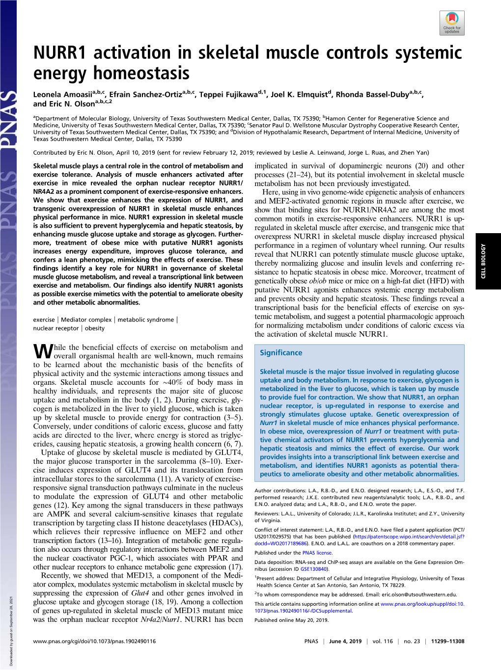 NURR1 Activation in Skeletal Muscle Controls Systemic Energy Homeostasis