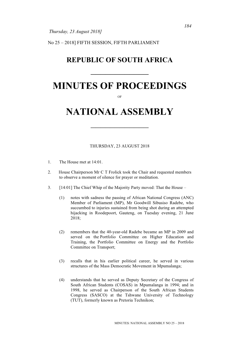 Minutes of Proceedings National Assembly