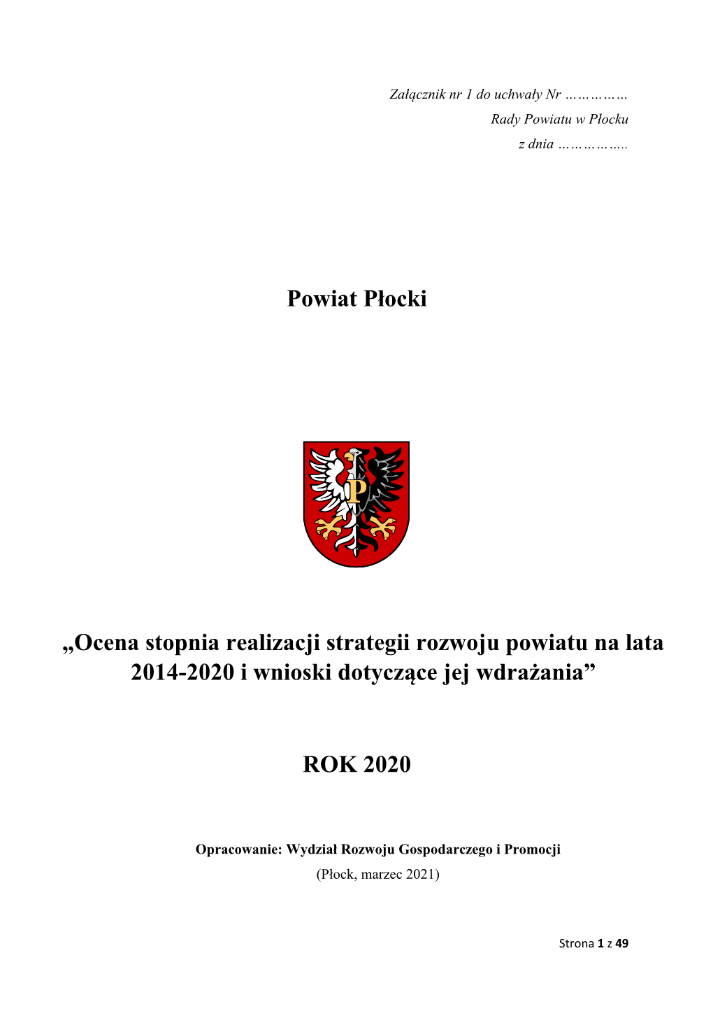 Powiat Płocki ROK 2020 „Ocena Stopnia Realizacji Strategii Rozwoju