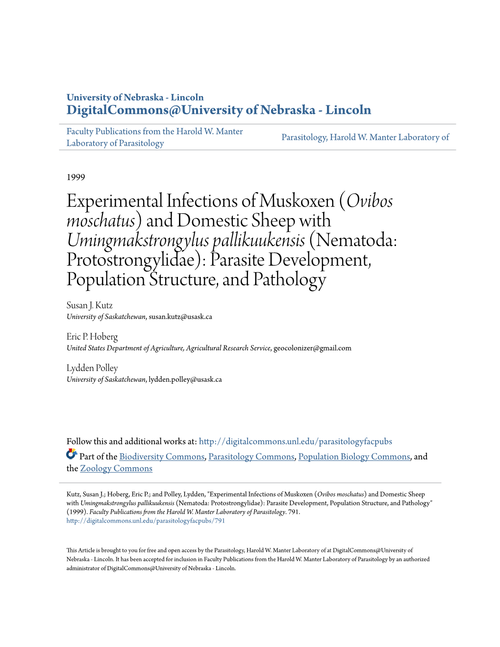 Experimental Infections of Muskoxen (Ovibos Moschatus) and Domestic Sheep with Umingmakstrongylus Pallikuukensis (Nematoda: Prot