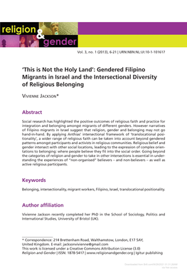 Gendered Filipino Migrants in Israel and the Intersectional Diversity of Religious Belonging