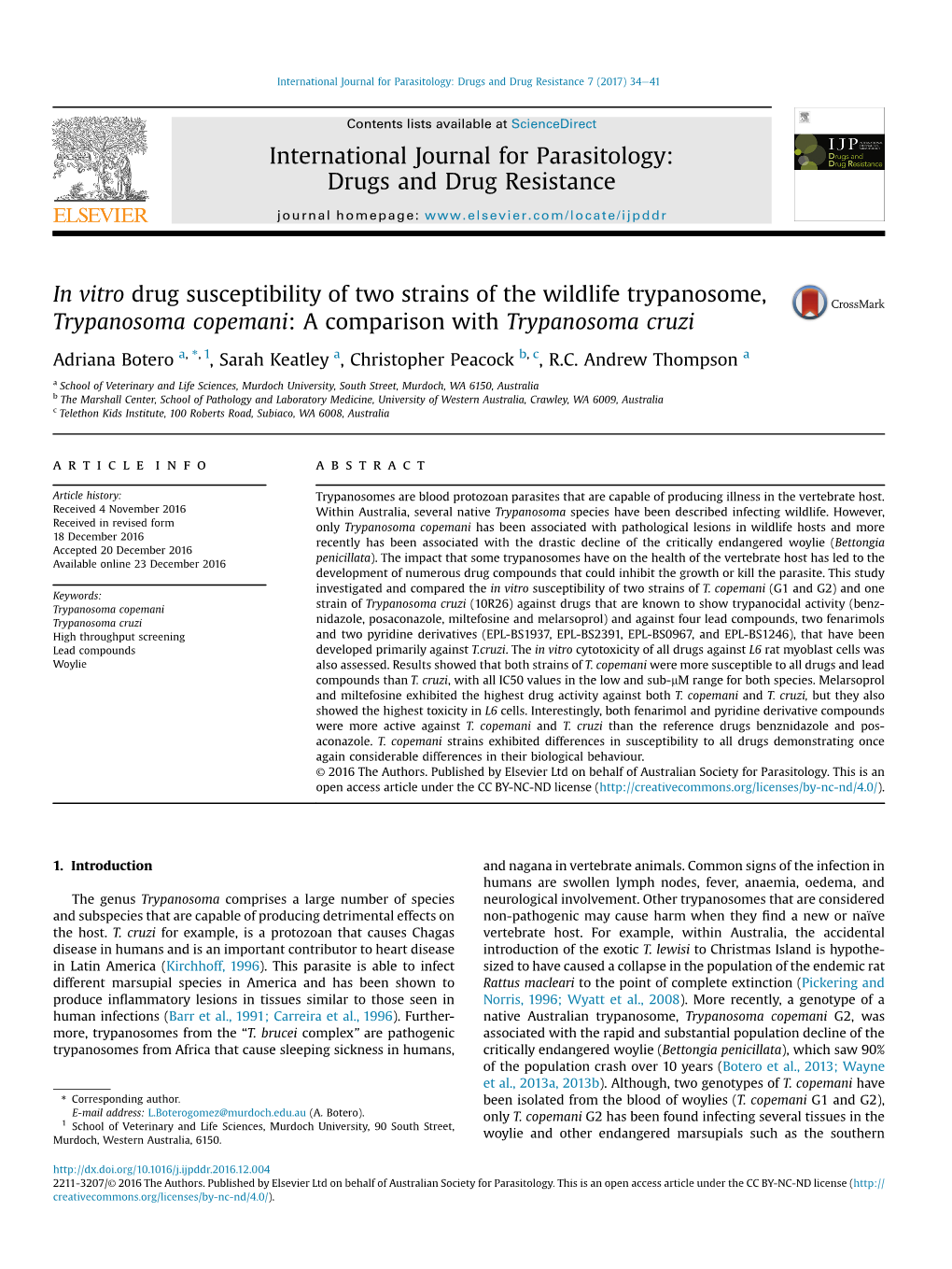 Vitro Drug Susceptibility Of Two Strains Of The Wildlife Trypanosome Trypanosoma Copemani A