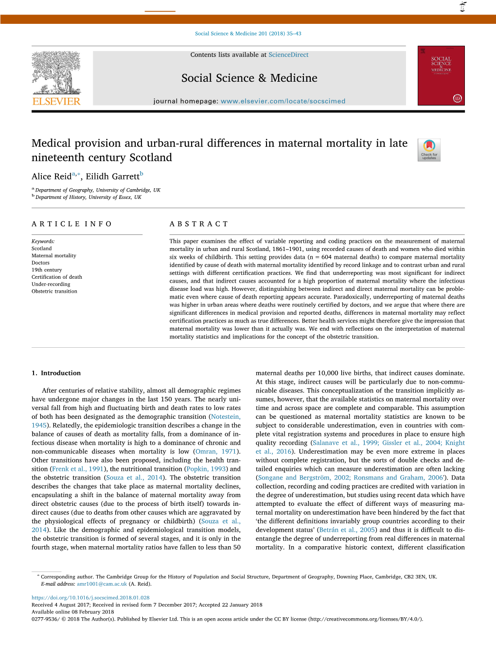 Medical Provision and Urban-Rural Differences in Maternal Mortality in Late Nineteenth Century Scotland