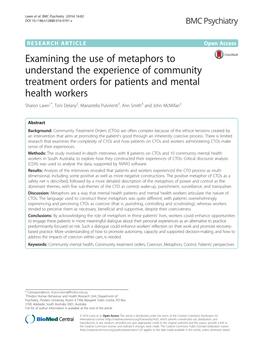 Examining the Use of Metaphors to Understand the Experience of Community Treatment Orders for Patients and Mental Health Workers