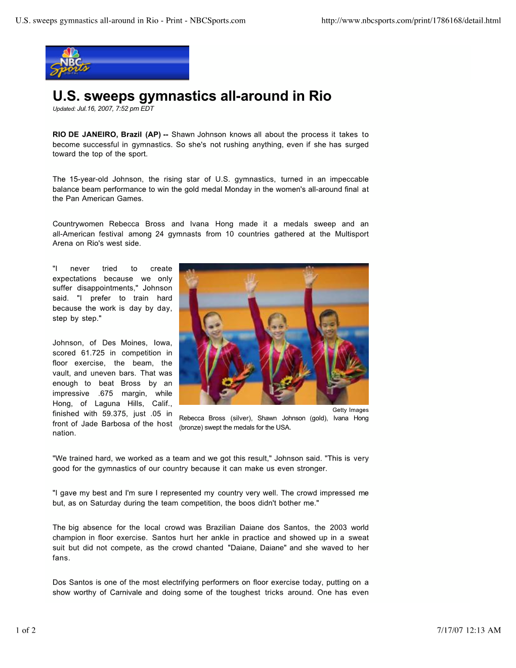 U.S. Sweeps Gymnastics All-Around in Rio - Print - Nbcsports.Com