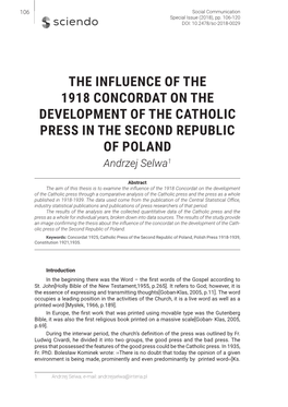 THE INFLUENCE of the 1918 CONCORDAT on the DEVELOPMENT of the CATHOLIC PRESS in the SECOND REPUBLIC of POLAND Andrzej Selwa1
