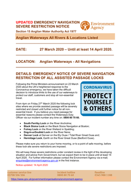 UPDATED EMERGENCY NAVIGATION SEVERE RESTRICTION NOTICE Anglian Waterways All Rivers & Locations Listed DATE: 27 March
