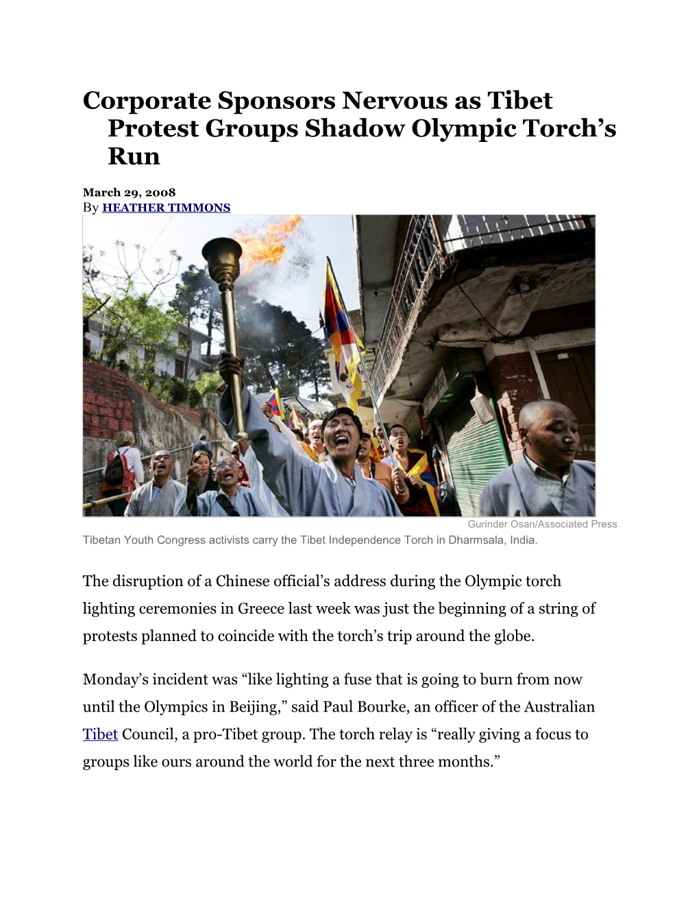 Corporate Sponsors Nervous As Tibet Protest Groups Shadow Olympic Torch S Run