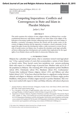 Conflicts and Convergences in State and Islam in Pluralist Malaysia Jaclyn L