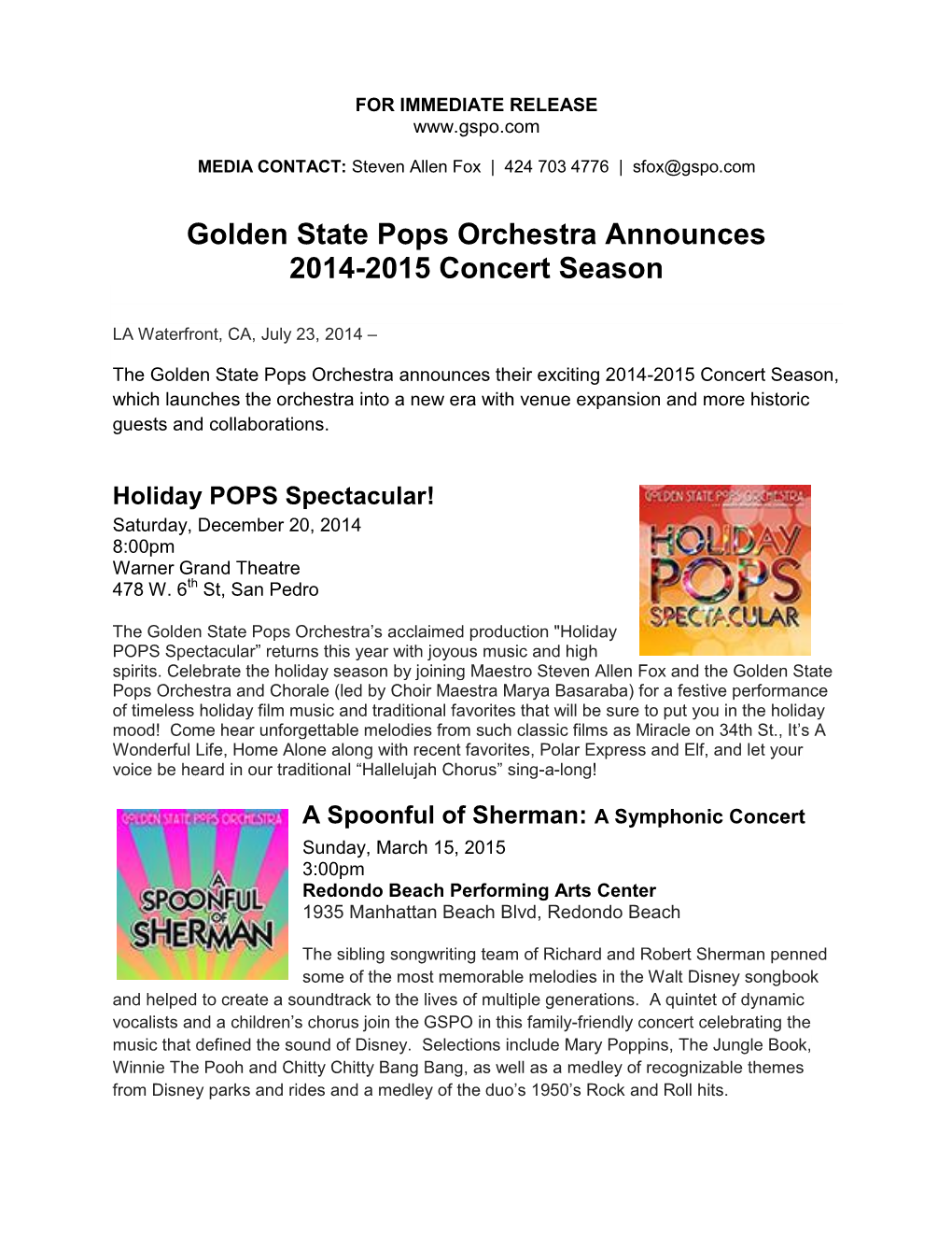 Golden State Pops Orchestra Announces 2014-2015 Concert Season
