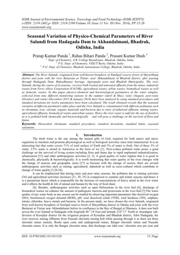 Seasonal Variation of Physico-Chemical Parameters of River Salandi from Hadagada Dam to Akhandalmani, Bhadrak, Odisha, India