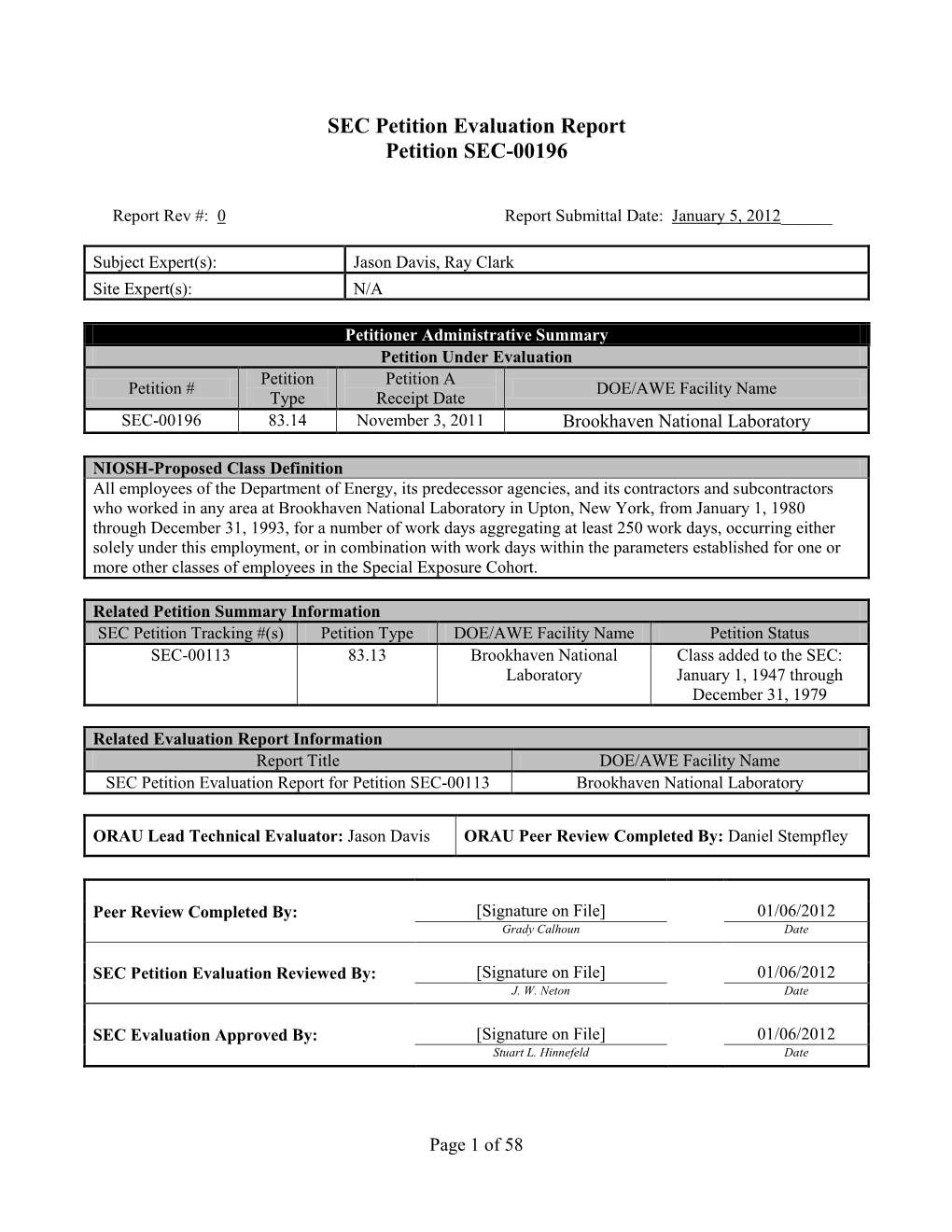 SEC-00196, Brookhaven National Laboratory