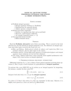 Math 551 Lecture Notes Fredholm Integral Equations (A Brief Introduction)