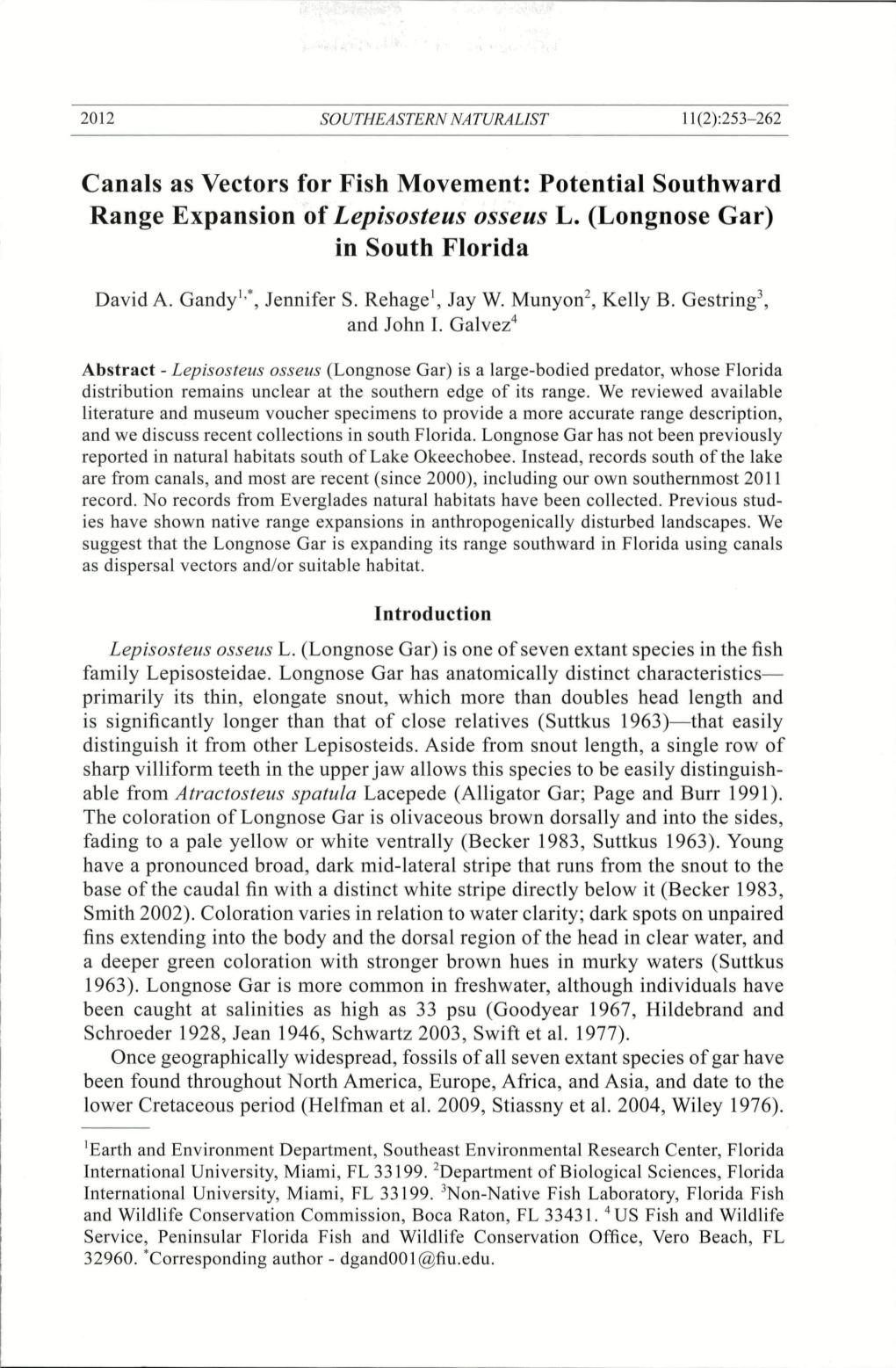 Canals As Vectors for Fish Movement: Potential Southward Range Expansion Oí Lepisosteus Osseus L