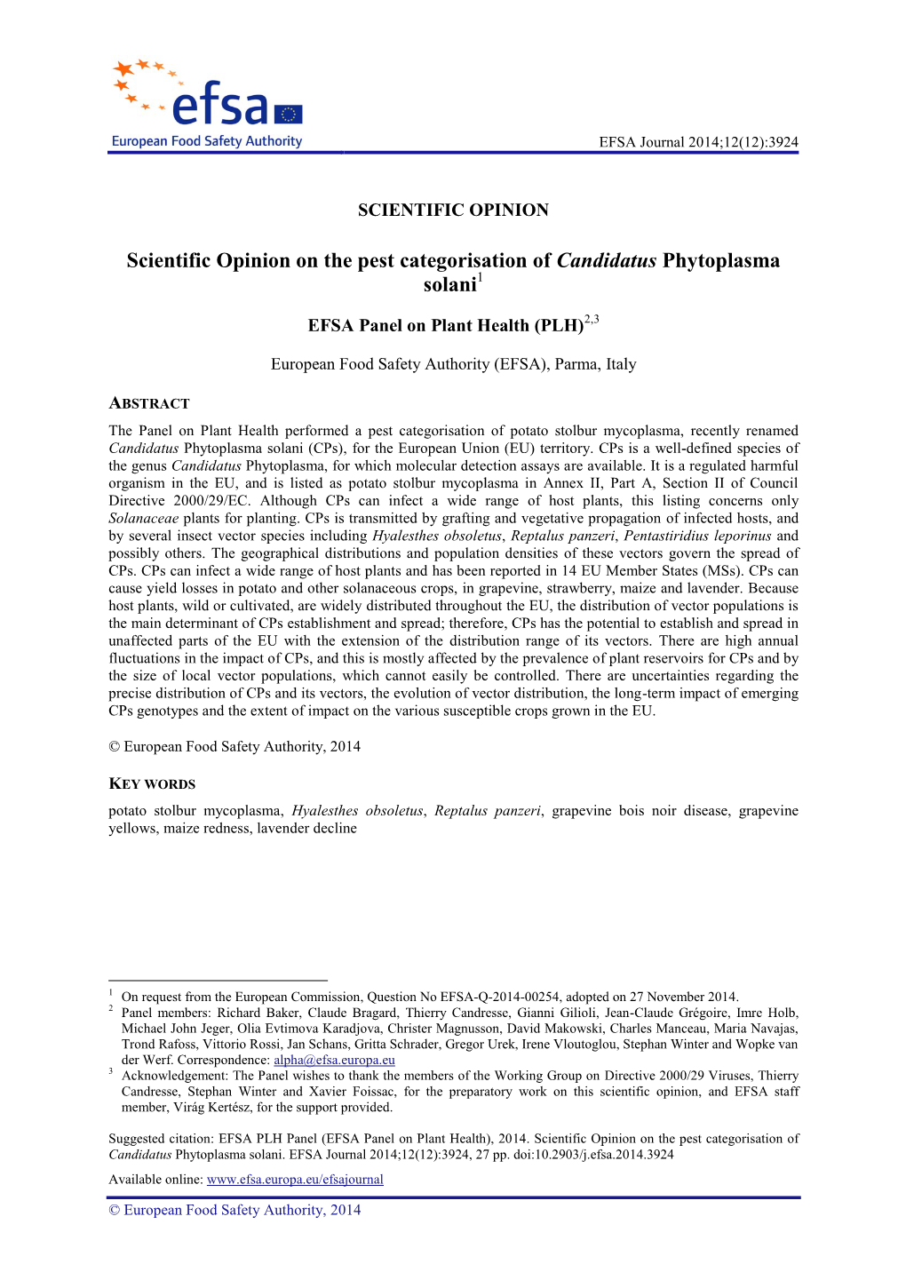 Scientific Opinion on the Pest Categorisation of Candidatus Phytoplasma Solani1