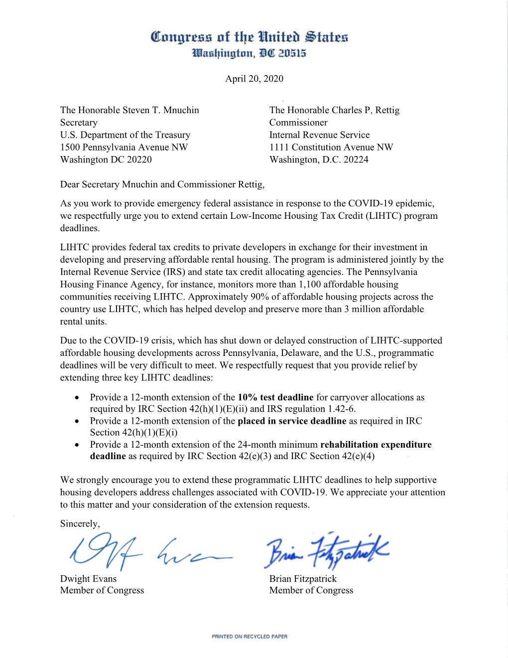 Pennsylvania Delegation Letter to Treasury and IRS on LIHTC