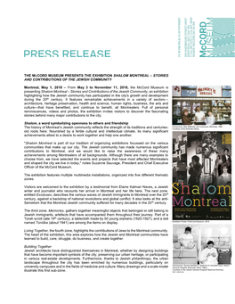 The Mccord Museum Presents the Exhibition Shalom Montreal – Stories and Contributions of the Jewish Community