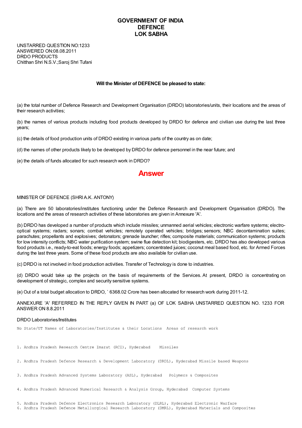 ANSWERED ON:08.08.2011 DRDO PRODUCTS Chitthan Shri N.S.V.;Saroj Shri Tufani