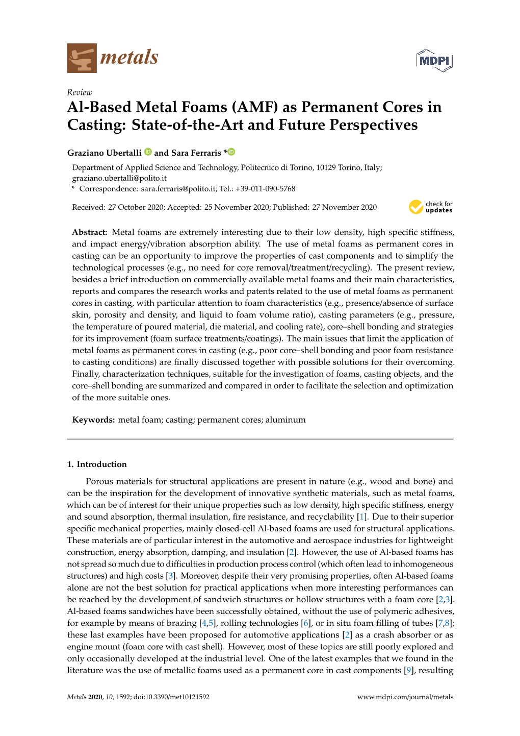 Al-Based Metal Foams (AMF) As Permanent Cores in Casting: State-Of-The-Art and Future Perspectives