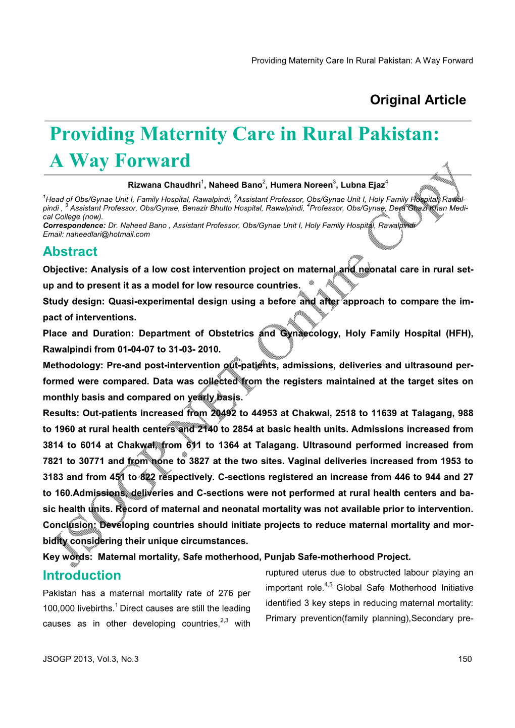 Providing Maternity Care in Rural Pakistan a Way