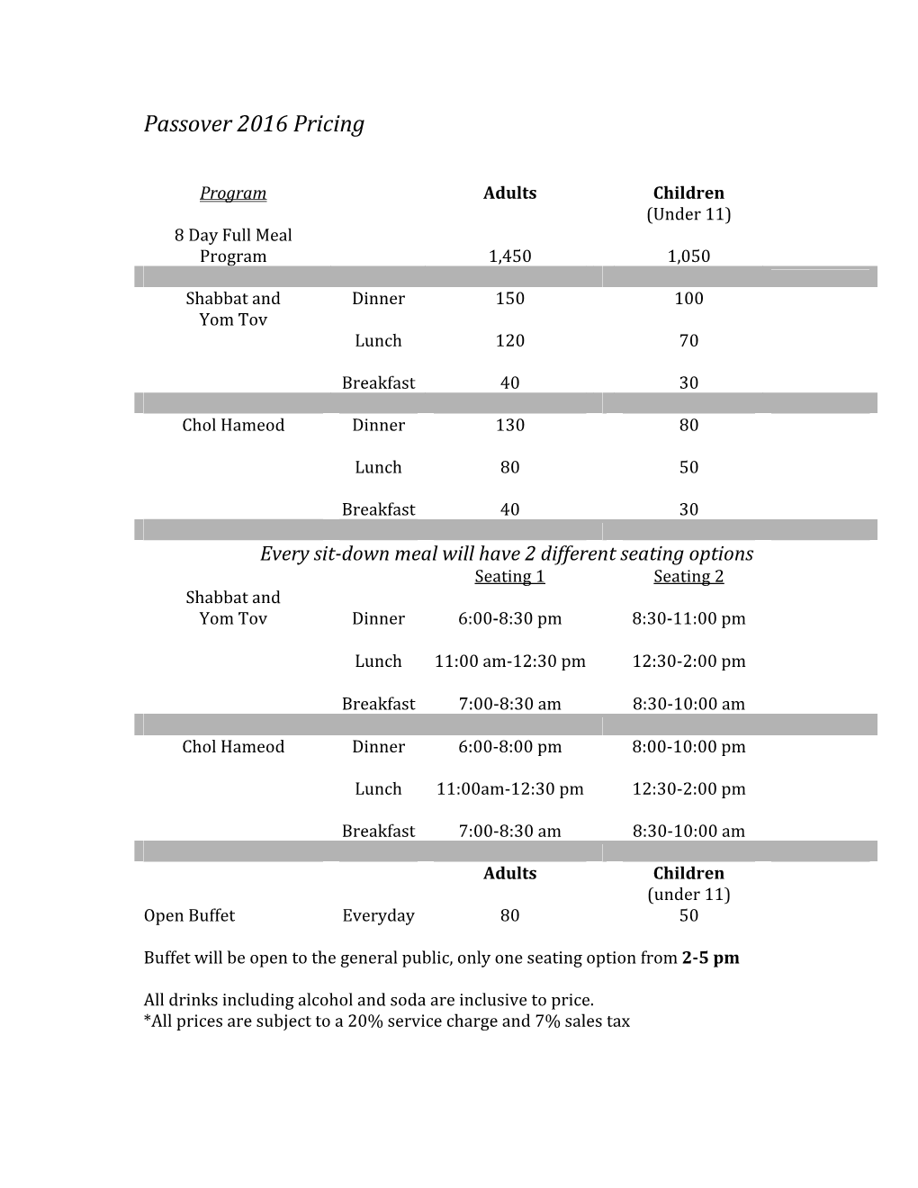 Passover 2016 Pricing