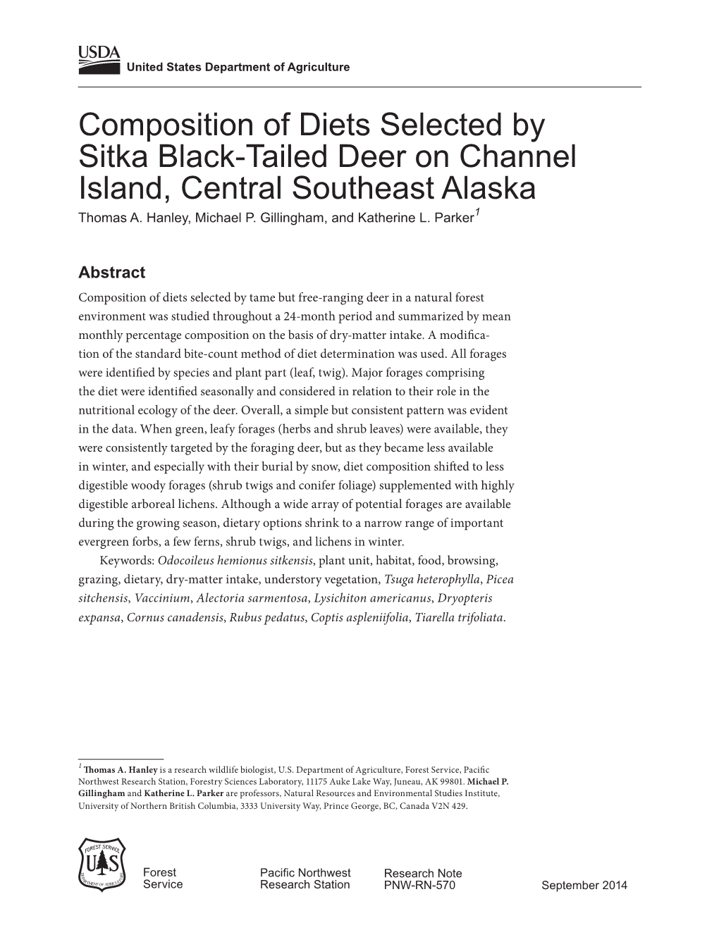 Composition of Diets Selected by Sitka Black-Tailed Deer on Channel Island, Central Southeast Alaska Thomas A