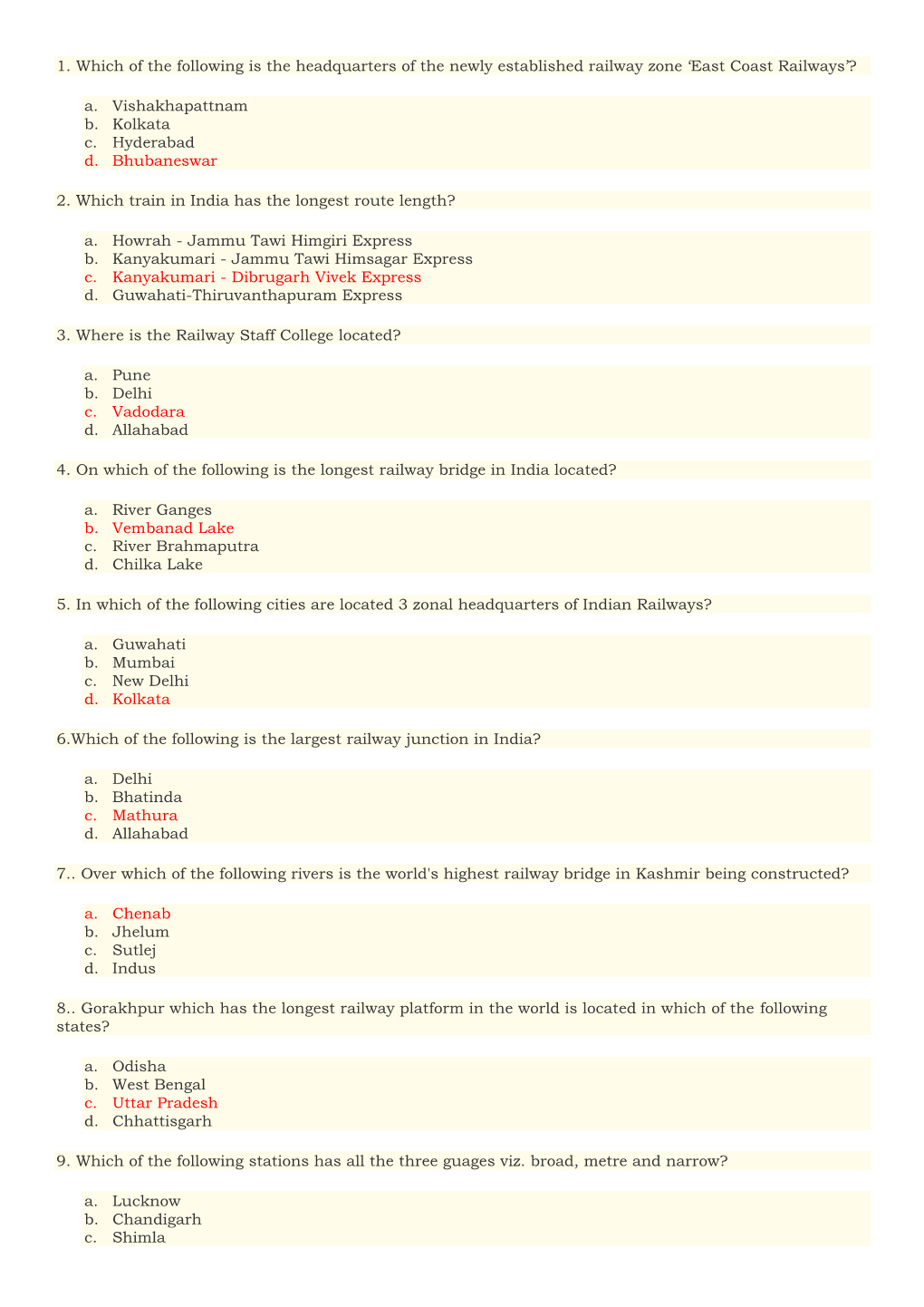 1. Which of the Following Is the Headquarters of the Newly Established Railway Zone 'East Coast Railways'? A. Vishakhapattna