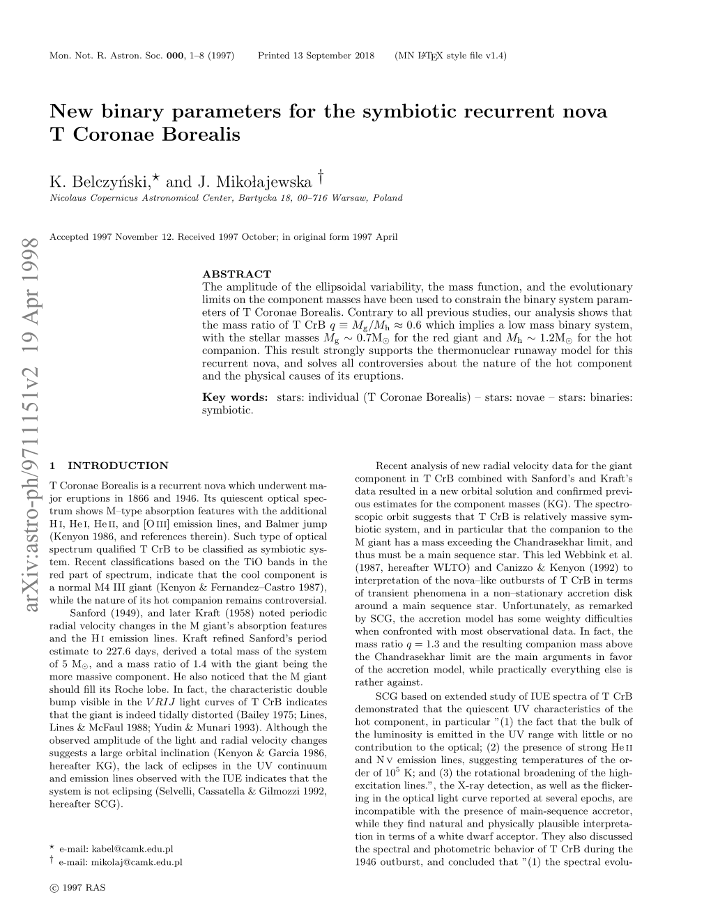 New Binary Parameters for the Symbiotic Recurrent Nova T Coronae