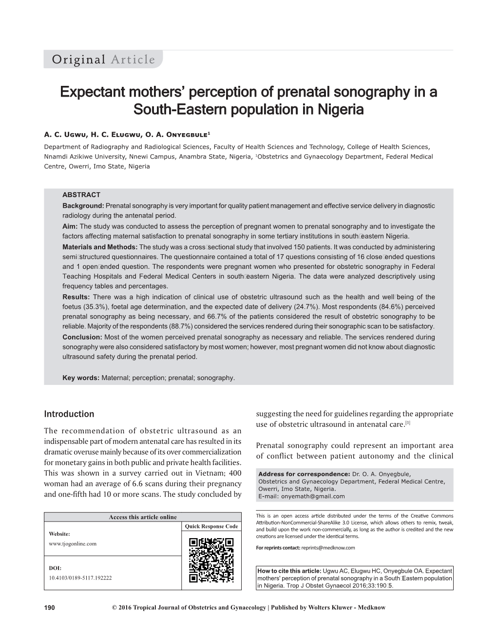 Expectant Mothers' Perception of Prenatal Sonography in a South