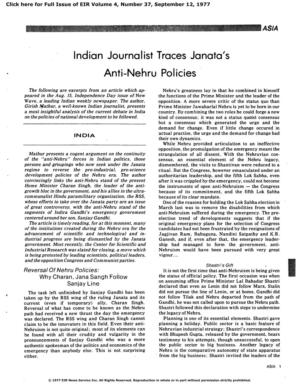 Indian Journalist Traces Janata's Anti-Nehru Policies