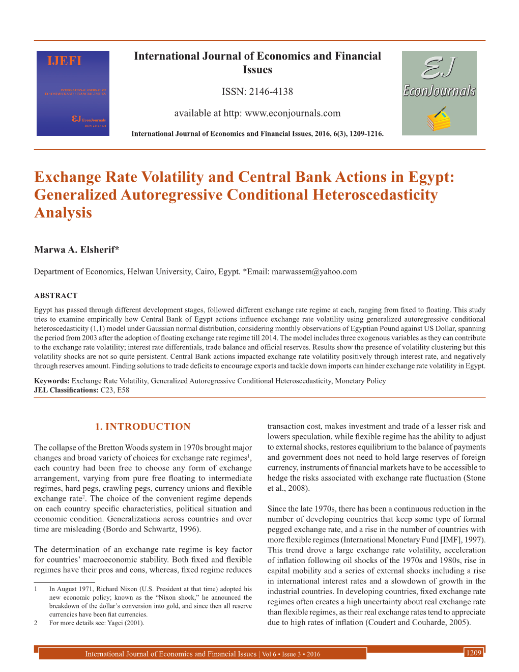 Exchange Rate Volatility and Central Bank Actions in Egypt: Generalized Autoregressive Conditional Heteroscedasticity Analysis