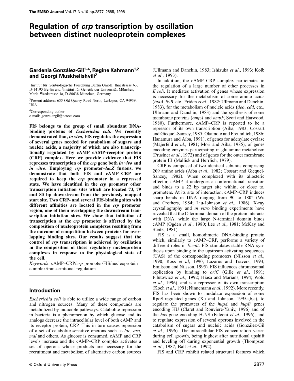 Regulation of Crp Transcription by Oscillation Between Distinct Nucleoprotein Complexes