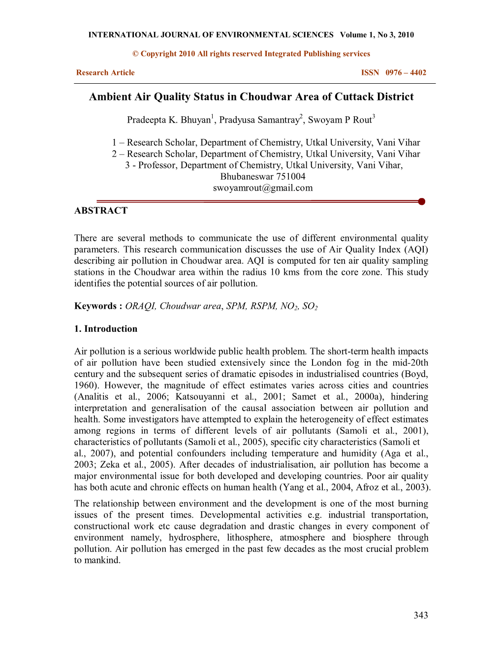 Ambient Air Quality Status in Choudwar Area of Cuttack District