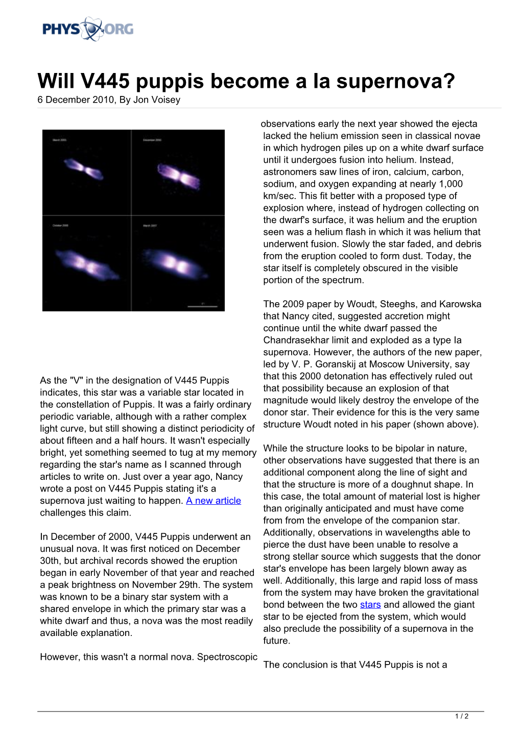 Will V445 Puppis Become a Ia Supernova? 6 December 2010, by Jon Voisey