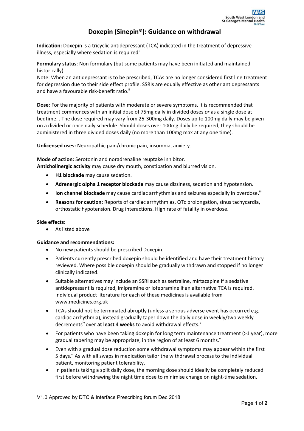 Doxepin (Sinepin®): Guidance on Withdrawal