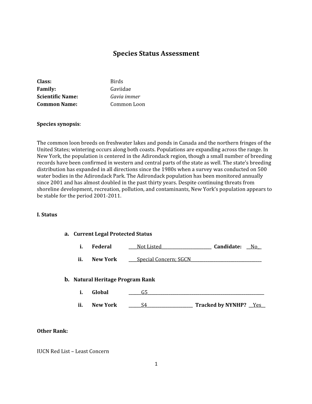 Species Assessment for Common Loon