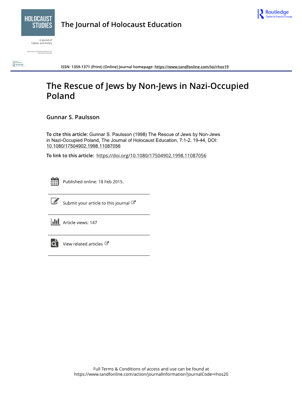 The Rescue of Jews by Non-Jews in Nazi-Occupied Poland