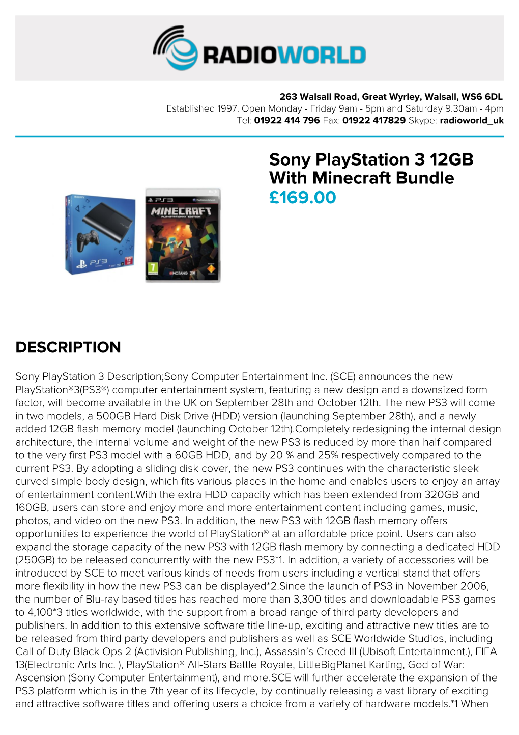 Sony Playstation 3 12GB with Minecraft Bundle £169.00