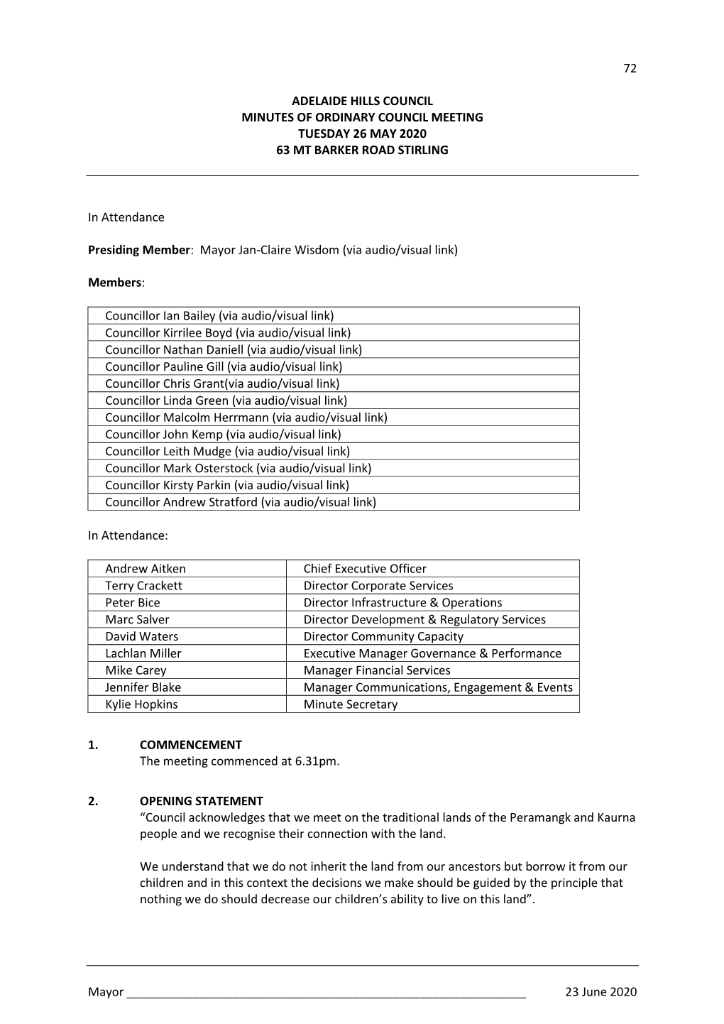 Council Minutes of Ordinary Council Meeting Tuesday 26 May 2020 63 Mt Barker Road Stirling