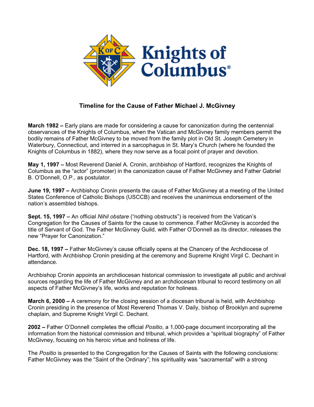 Timeline for the Cause of Father Michael J. Mcgivney